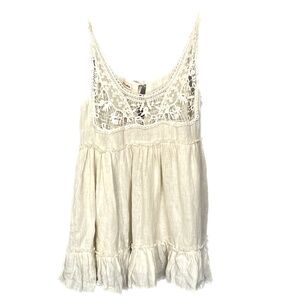 Boho Top Sleeveless Cotton Beige Ruffle Medium India Back Ties Lace Neck NADIR